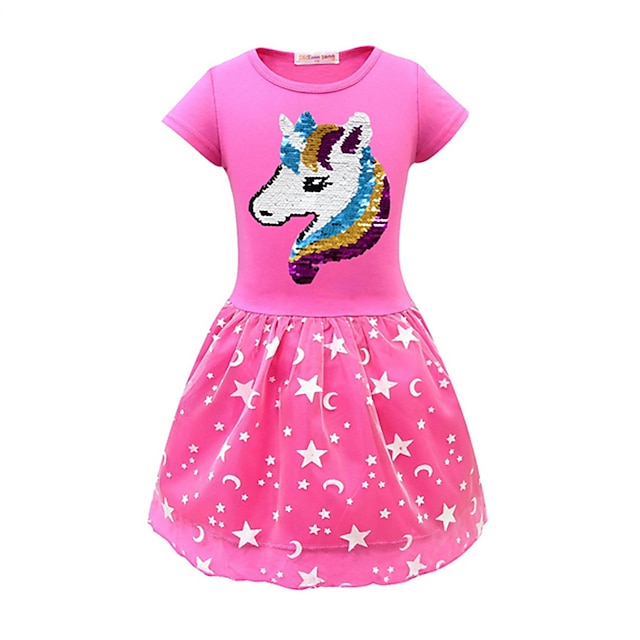  Kids Girls' Dress Geometric Short Sleeve Sequins Tulle Print Active Cotton Midi Pink Purple Fuchsia