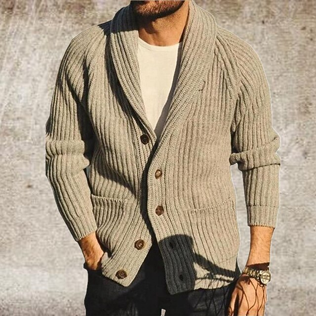Men's Sweater Cardigan Sweater Knit Knitted Solid Color Shawl Collar Stylish Vintage Style Daily Wear Clothing Apparel Fall Winter Khaki M L XL4