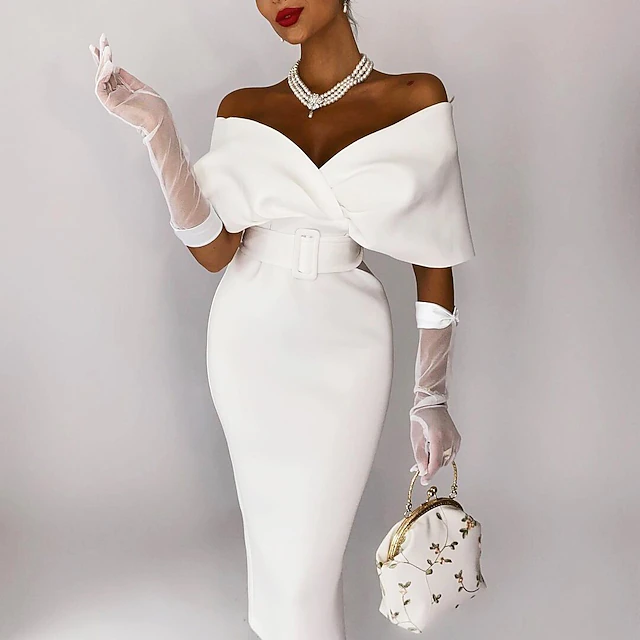 Beach Wedding Sheath Cocktail Dresses Elegant Dress Wedding Guest Party Wear Tea Length Sleeveless Off Shoulder Stretch Fabric with Sash / Ribbon Masquerade Dress 6