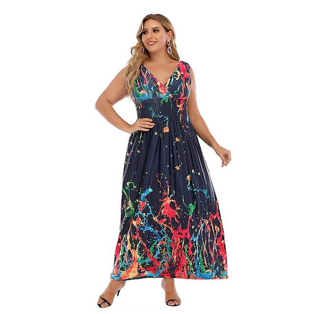 Womens Clothing Plus Size Collection | Womens Plus Size A Line Dress Print V Neck Print Sleeveless Summer Sexy Boho Midi Dress H