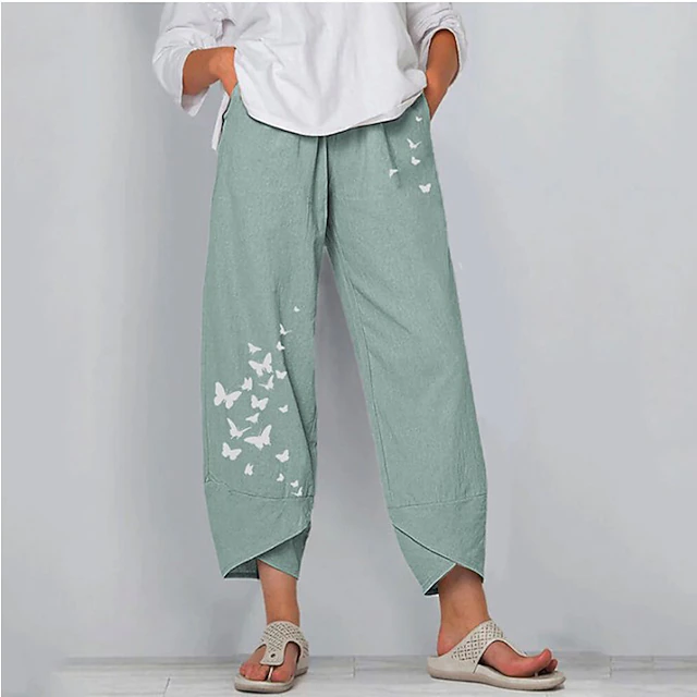 Women's Normal Cotton Linen Pants Pants Trousers Capri shorts Chino Ankle-Length High Waist Butterfly Baggy Print Breathable Soft Outdoor Inelastic Casual Going out Black / Red Light Green Grey 8