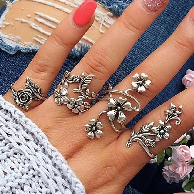 Ring Set Party Retro Silver Alloy Flower Shape Fashion Vintage Punk 4pcs / Women's2