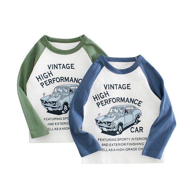 Baby & Kids Boys Clothing | Kids Boys T shirt Long Sleeve Car Blue Light Green Cotton Children Tops Fall Spring Basic Daily Scho