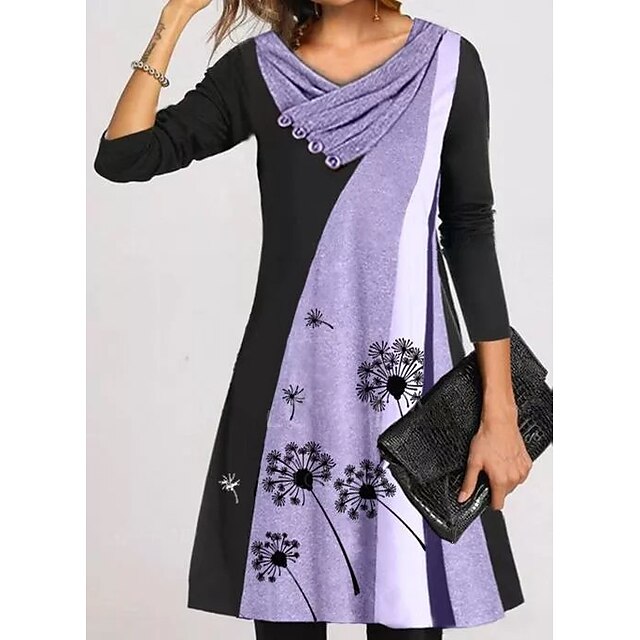 

Women's A Line Dress Knee Length Dress White Purple Gray Light gray Dark Gray Red Yellow Light Blue Long Sleeve Print Print Fall Winter V Neck Basic Elegant Casual Loose 2022 S M L XL XXL 3XL