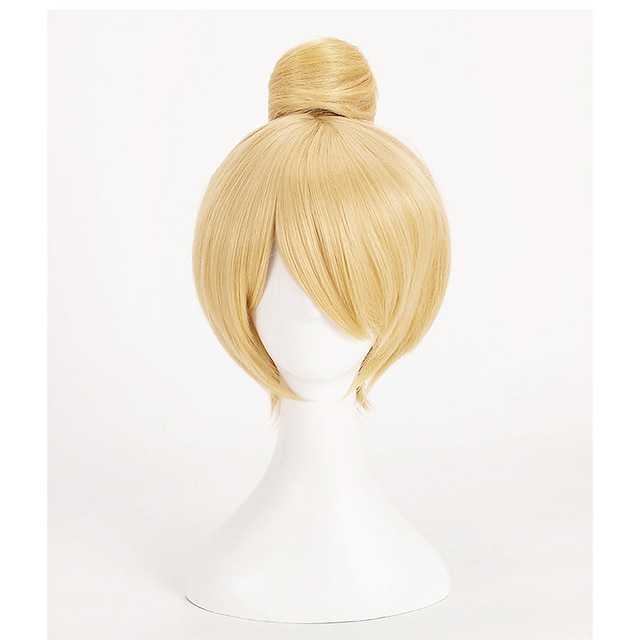  Tinker Bell  Wig Fairy Tinker Bell Tinkerbell Cosplay Wigs Short Blonde Hair with Bun Heat Resistant Synthetic Hair Wig Halloween Wig