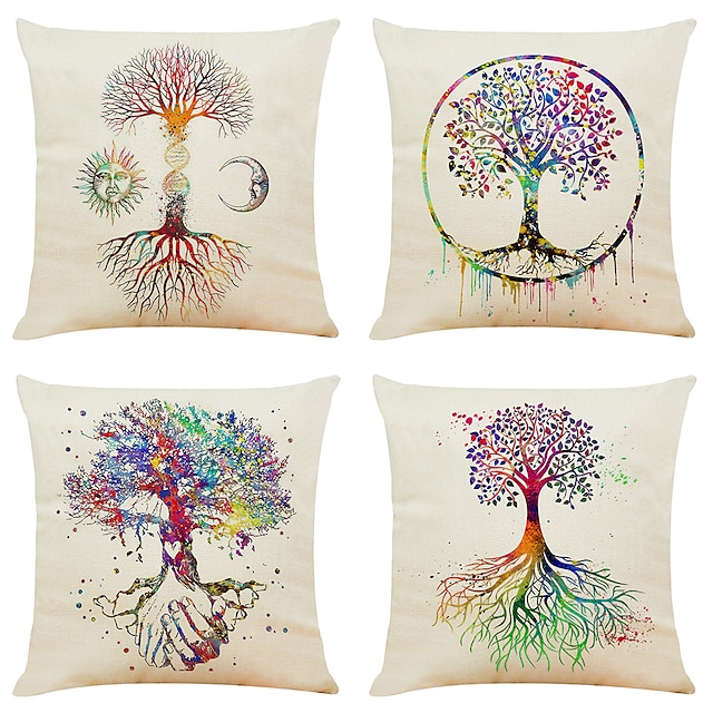  Colorful Life Tree Double Side Cushion Cover 4PC Soft Decorative Square Throw Pillow Cover Cushion Case Pillowcase for Bedroom Livingroom Superior Quality Machine Washable Indoor Cushion for Sofa Couch Bed Chair