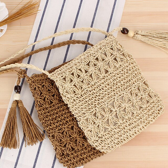 Handwoven Straw Crossbody Bag with Boho Tassel - Natural Beige Summer ...