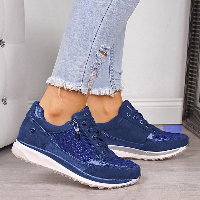  Women's Trainers Athletic Shoes Sneakers Plus Size Fantasy Shoes Sparkling Shoes Outdoor Daily Solid Colored Rhinestone Flat Heel Round Toe Sporty Basic Casual Walking Suede Lace-up Blue Green Beige