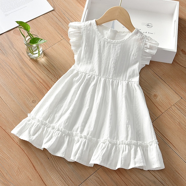  Kids Girls' Dress Solid Color Short Sleeve Casual Daily Cotton Knee-length Summer Dress Summer Spring 2-12 Years White