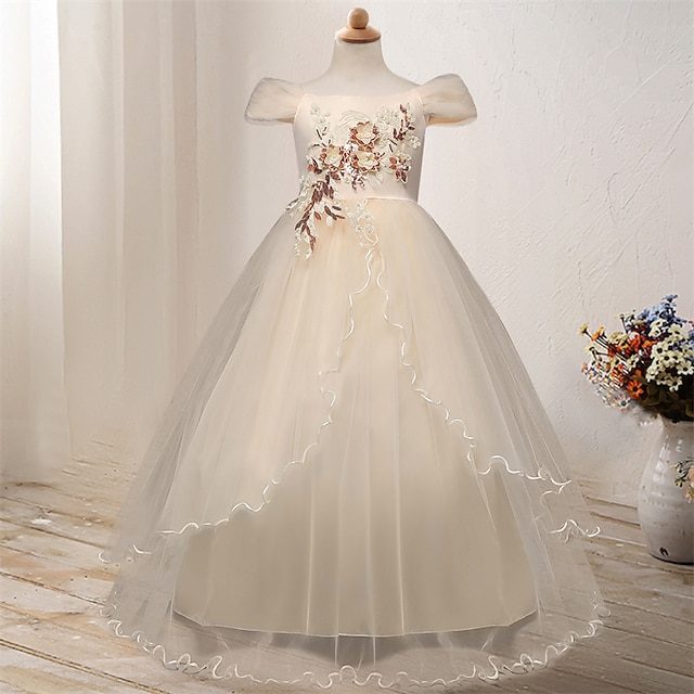  Kids Girls' Dress Floral Flower Formal Wedding Party Birthday Party Beads Bow Elegant Gowns Lace Tulle Floral Embroidery Dress Tulle Dress Layered Dress Pink Red Navy Blue