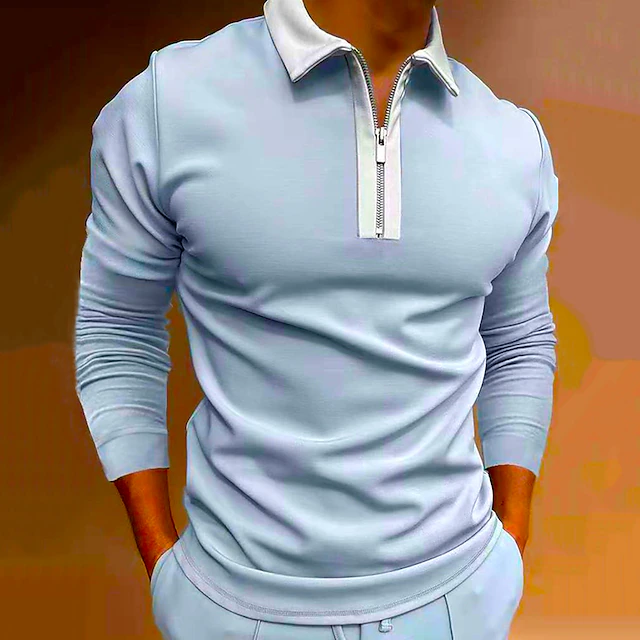 Men's Polo Shirt Quarter Zip Polo Work Casual Classic Collar Quarter Zip Long Sleeve Fashion Business Color Block Patchwork Zipper Winter Fall & Winter Regular Fit Wine Black Navy Blue Green Light 6