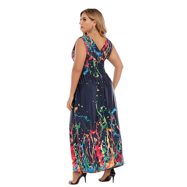 Womens Clothing Plus Size Collection | Womens Plus Size A Line Dress Print V Neck Print Sleeveless Summer Sexy Boho Midi Dress H