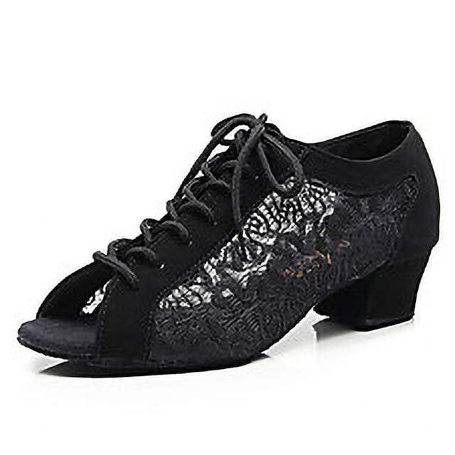  Women's Latin Shoes Practice Trainning Dance Shoes Line Dance Performance Training Practice Embroidery Heel Lace Tulle Solid Color Thick Heel Peep Toe Lace-up Adults' Dark-Gray Black