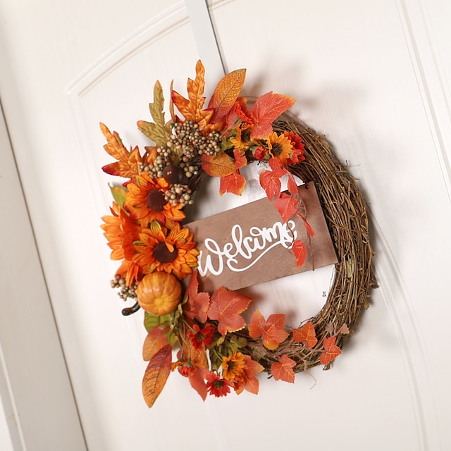 Home & Garden Home Decor | Sunflower Pumpkin Decoration Wreath Simulation Sun Flower Wooden Sign Maple Leaf Thanksgiving Vine Ci