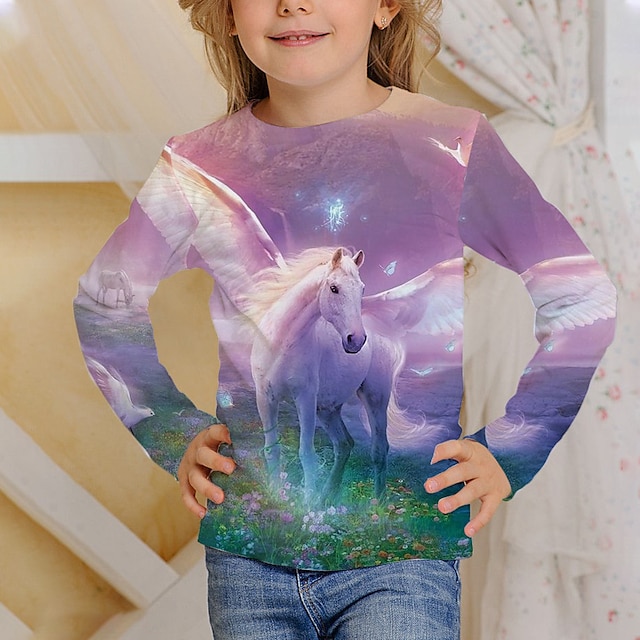  Kinderen Voor meisjes T-shirt Lange mouw 3D-afdrukken Eenhoorn Paard Blozend Roze Kinderen Tops Herfst Actief Normale pasvorm 4-12 jaar