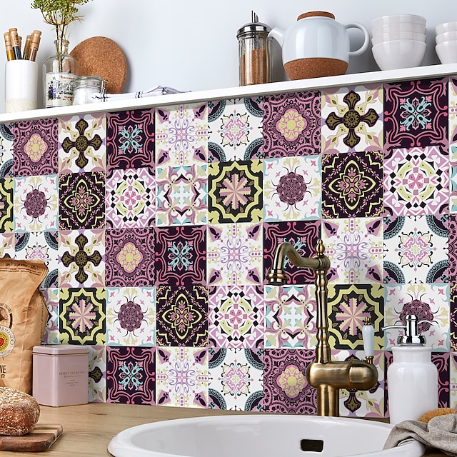  24pcs Creative Kitchen Bathroom Living Room Self-adhesive Wall Stickers Waterproof Mediterranean Fuchsia Tile Stickers