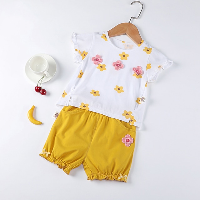 Baby & Kids Girls Clothing | Kids Girls T-shirt & Shorts 2 Pieces Short Sleeve Yellow Floral Cotton Cute - QS83045