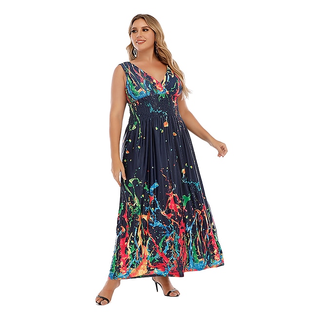 Womens Clothing Plus Size Collection | Womens Plus Size A Line Dress Print V Neck Print Sleeveless Summer Sexy Boho Midi Dress H