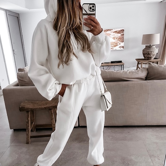  Women's Active Streetwear Tracksuit Pants Sets Sweatshirt Long Sleeve Hooded Solid Color Sports Outdoor Casual Black White Green Fall & Winter Regular Fit