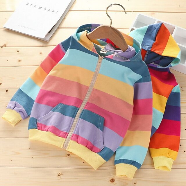 Baby & Kids Girls Clothing | Kids Girls Coat Long Sleeve Colorblock Blue Rainbow Rainbow Zipper Fall Active 3-8 Years / Basic / 