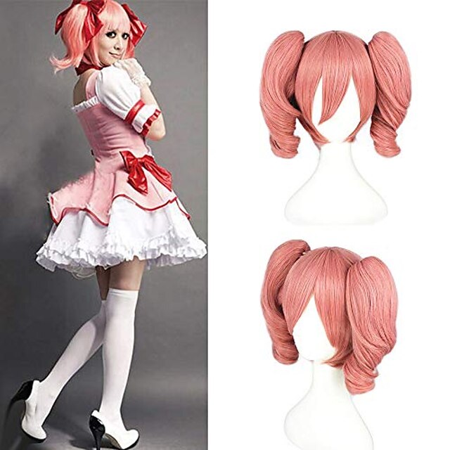 Beauty & Hair Wigs & Hair Pieces | Lolita Cosplay Wigs Pink Short Synthetic Bob Wigs with Loose Wave Ponytails Puella Magi Madok