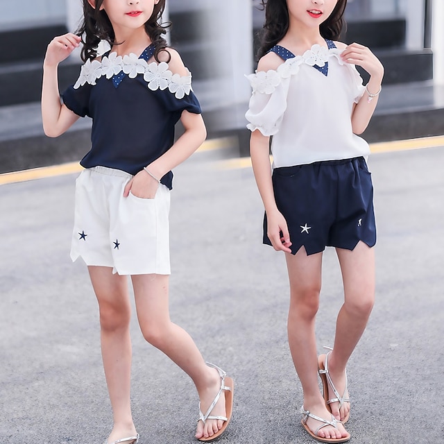 Baby & Kids Girls Clothing | Kids Girls T-shirt & Shorts 2 Pieces Short Sleeve Navy Sleeveless striped skirt White Flower / Flor