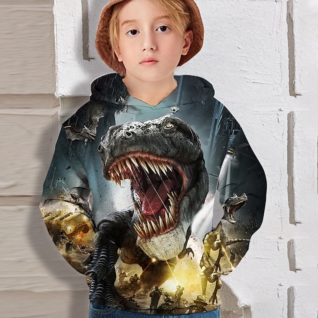 Baby & Kids Boys Clothing | Kids Boys Hoodie Long Sleeve 3D Print Dinosaur Black Children Tops Fall Active Regular Fit 4-12 Year