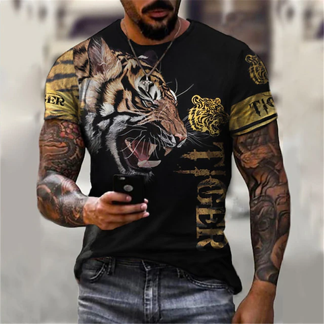 Men's Graphic Animal Tiger Shirt T Shirt Tee Short Sleeve T shirt 3D Print Crew Neck Shirt Designer Basic Slim Fit Casual Daily Weekend Black Orange Green Summer Clothing Apparel Plus Size S M L XL 5