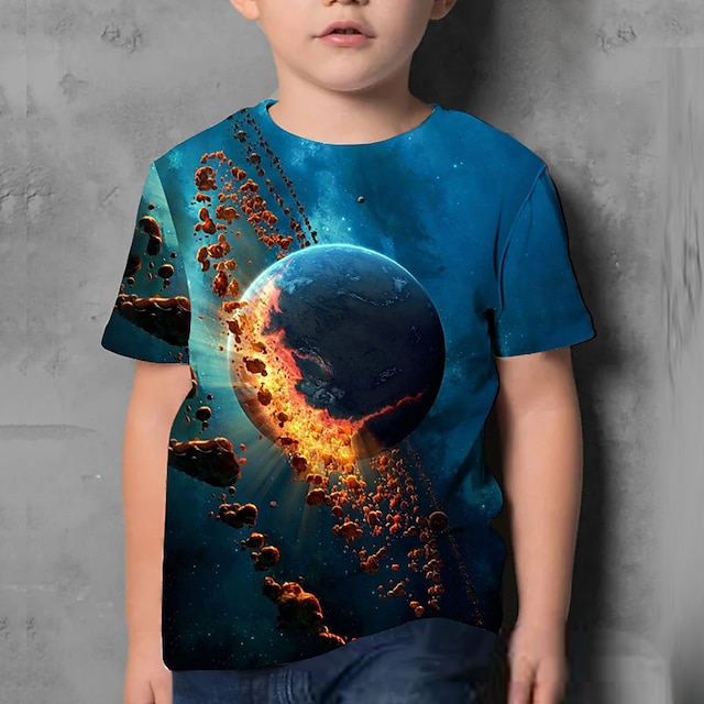  Drenge 3D Galakse Plads T-shirt Kortærmet 3D-udskrivning Sommer Aktiv Polyester Børn 4-12 år Regulær