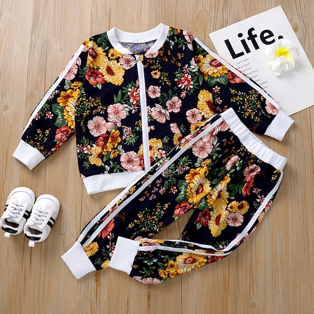 Baby & Kids Girls Clothing | Toddler Girls Jacket & Pants 2 Pieces Long Sleeve Royal Blue Red Floral Print Cotton Basic Regular 