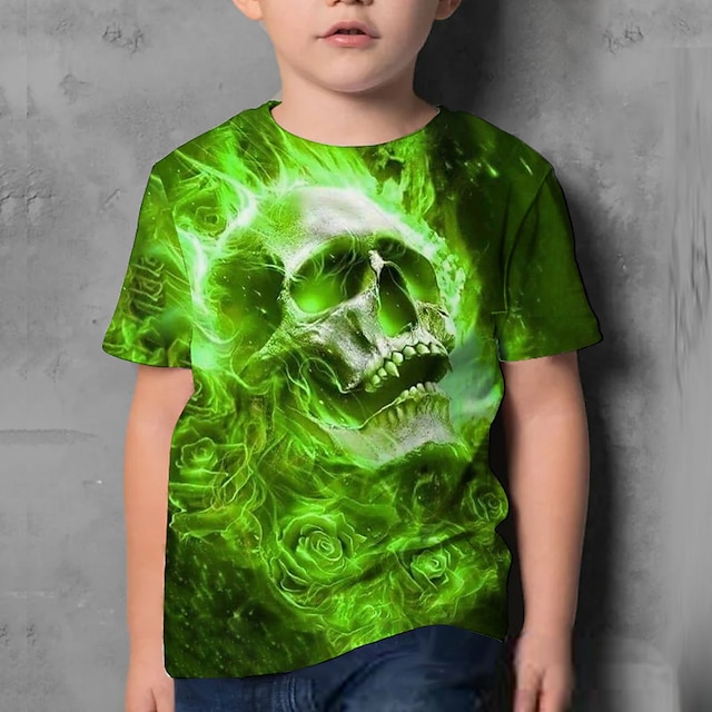  Halloween Jungen 3D Totenkopf Motiv T-Shirt Kurzarm 3D-Druck Sommer Aktiv Polyester kinderkleidung 4-12 Jahre Regular Fit