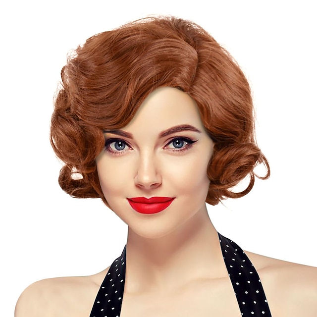  Roaring 20S Wig Flapper Wig Women Brown Finger Wave Flapper Wig Vintage Short Hair Curly Bob 1920S Great Gatsby  Wig Party Synthetic Hair Halloween Wig