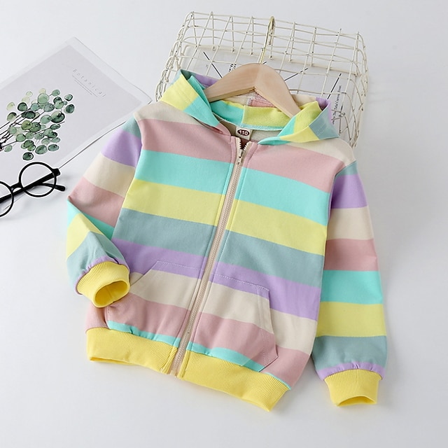 Baby & Kids Girls Clothing | Kids Girls Coat Long Sleeve Colorblock Blue Rainbow Rainbow Zipper Fall Active 3-8 Years / Basic / 