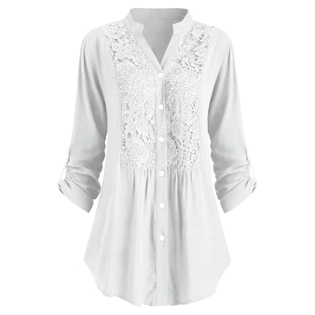 Women's Shirt Lace Shirt Tunic Shirts Blouse Elegant Vacation Ladies Solid Color Floral Lace Crochet Long Sleeve Regular Tops Shirt Collar Party Casual Daily Black White Wine Mint Green 19