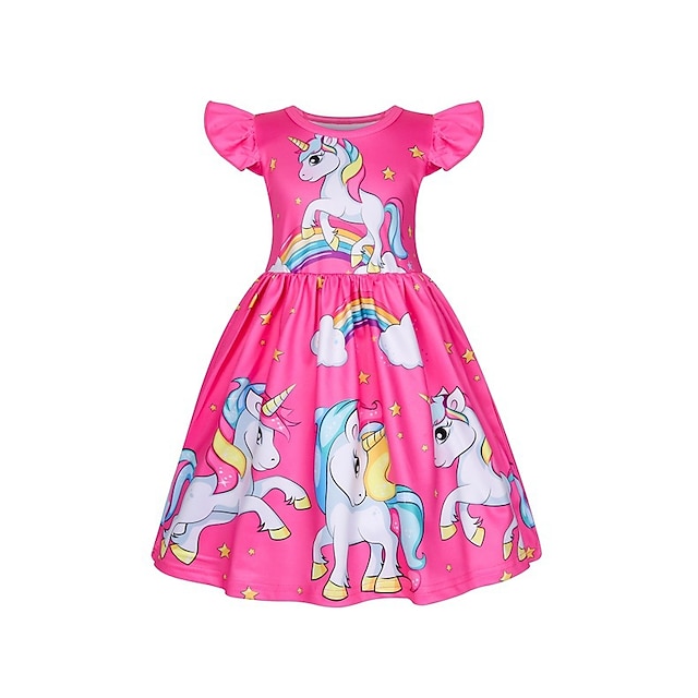  子供用 女の子 ドレス カートゥン ユニコーン 半袖 かわいいスタイル シック・モダン ピンク ローズレッド