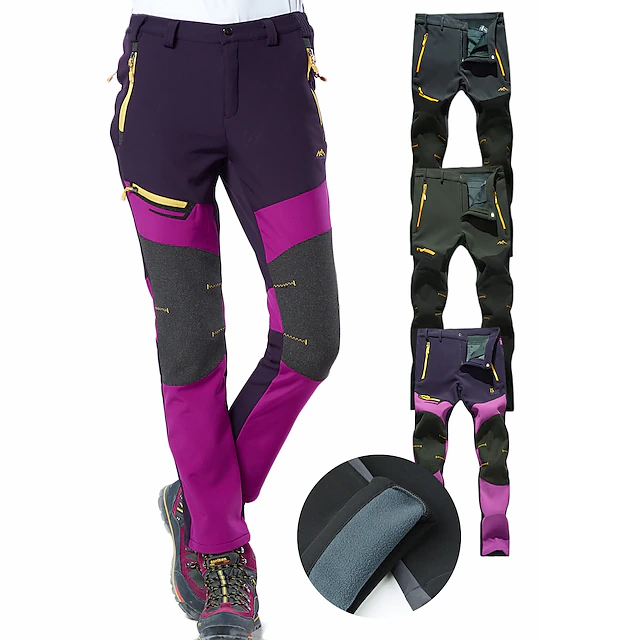 Women's Fleece Lined Pants Hiking Pants Trousers Softshell Pants Winter Outdoor Thermal Warm Waterproof Windproof Insulated 5 Zipper Pocket Elastic Waist Bottoms Pants Purple Army Green Dark Gray 30