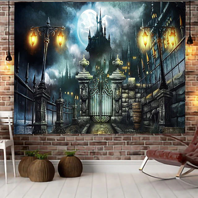 Wall Tapestry Art Decor Blanket Curtain Hanging Home Bedroom Living Room Decoration Psychedelic Haunted Scary Pumpkin Skull Skeleton Bat Castle Grim Reaper Polyester Decorations 7