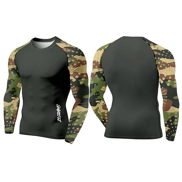 Mens Cool fit Long Sleeve Camo Compression Shirt for Workouts Grey Black 