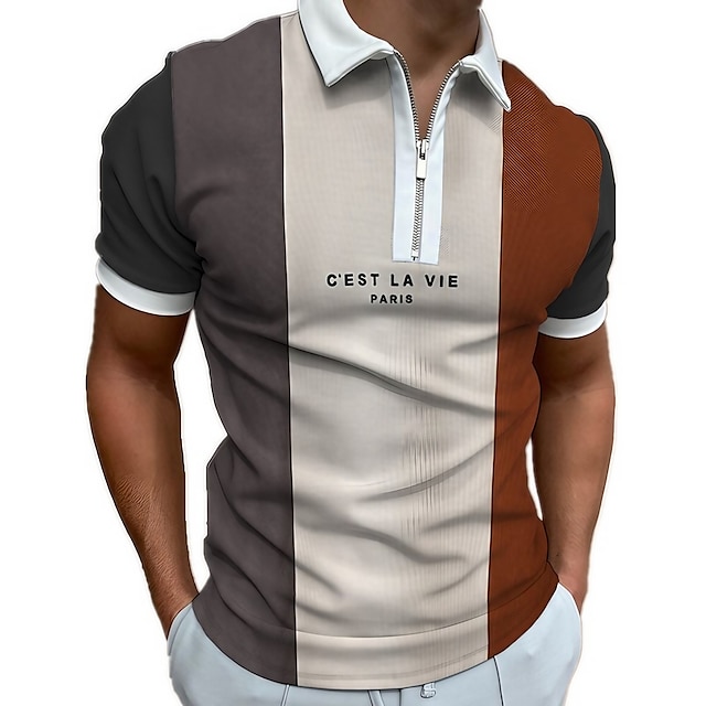 Men's Polo Shirt Golf Shirt Striped Letter Collar Gray Outdoor Street ...