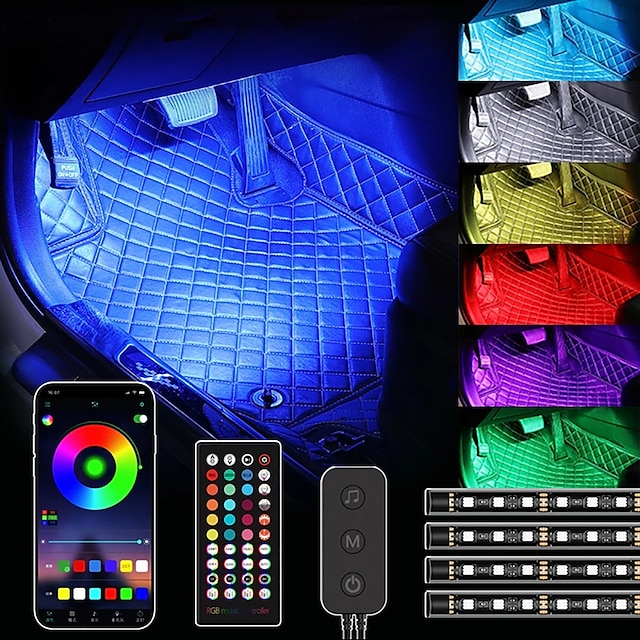  Auto-USB-RGB-LED-Streifenlichter mit Bluetooth-App-Steuerung unter dem Armaturenbrett, Umgebungsbeleuchtungs-Kits mit ferngesteuerten Auto-Fußatmosphärenlichtern