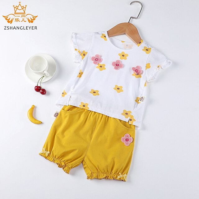 Baby & Kids Girls Clothing | Kids Girls T-shirt & Shorts 2 Pieces Short Sleeve Yellow Floral Cotton Cute - QS83045