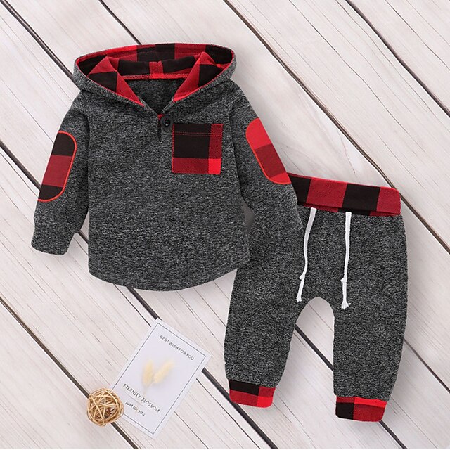 Baby & Kids Boys Clothing | Kids Boys Hoodie & Pants Clothing Set 2 Pieces Long Sleeve Red Plaid Drawstring Patchwork Cotton Str