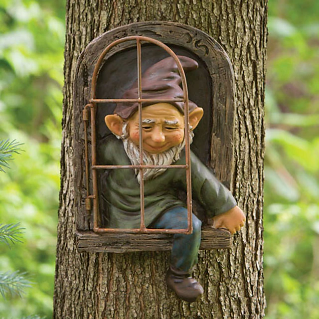 Mini Garden Crafts Decoration Gnome Leave The Window Whimsical Tree Sculpture Garden Decoration Garden Gnome Outdoor Ornament 9