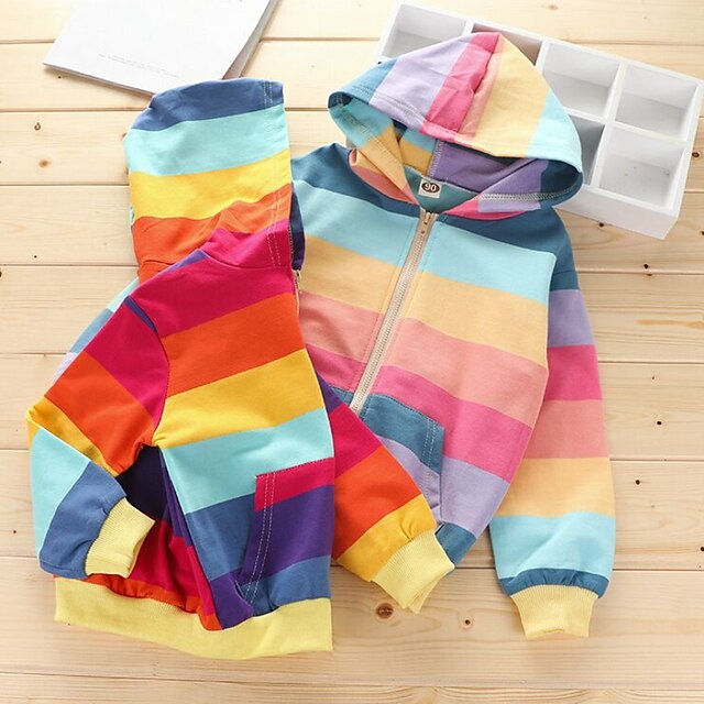 Baby & Kids Girls Clothing | Kids Girls Coat Long Sleeve Colorblock Blue Rainbow Rainbow Zipper Fall Active 3-8 Years / Basic / 