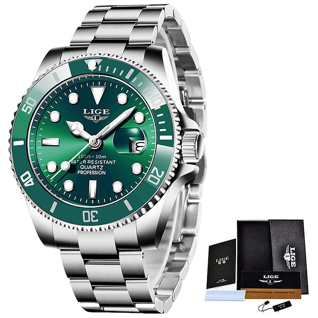  LIGE Brand Mens Watches Steel Strap Luxury Fashion Diver Watch Men 30ATM Waterproof Date Clock Sport Gents Classical Business Watches Mens Quartz Wristwatch