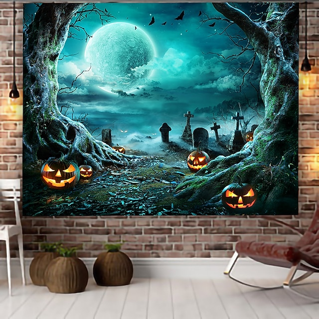  Halloween Wall Tapestry Art Decor Blanket Curtain Hanging Home Bedroom Living Room Decoration Psychedelic Haunted Scary Pumpkin Skull Skeleton Bat Castle Grim Reaper Polyester Halloween Decorations