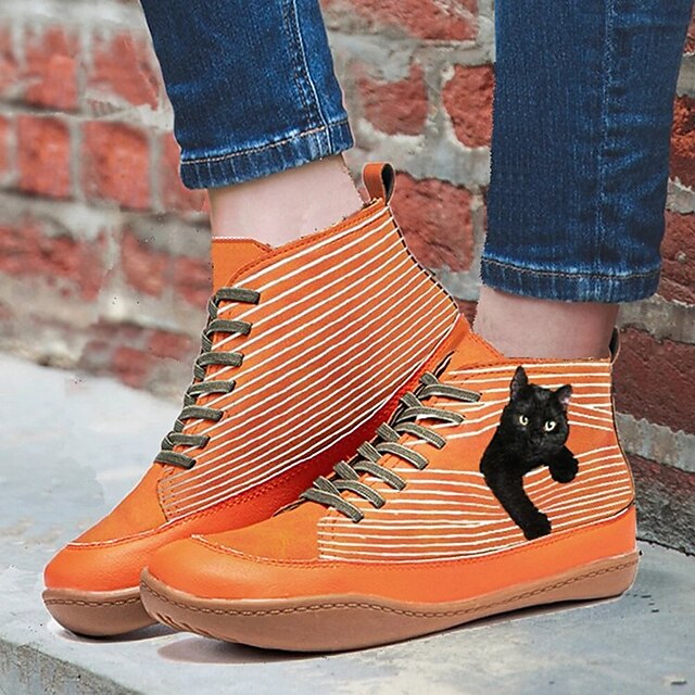  Women's Boots Booties Ankle Boots Flat Heel Round Toe PU Lace-up Animal Patterned Gray Orange Red