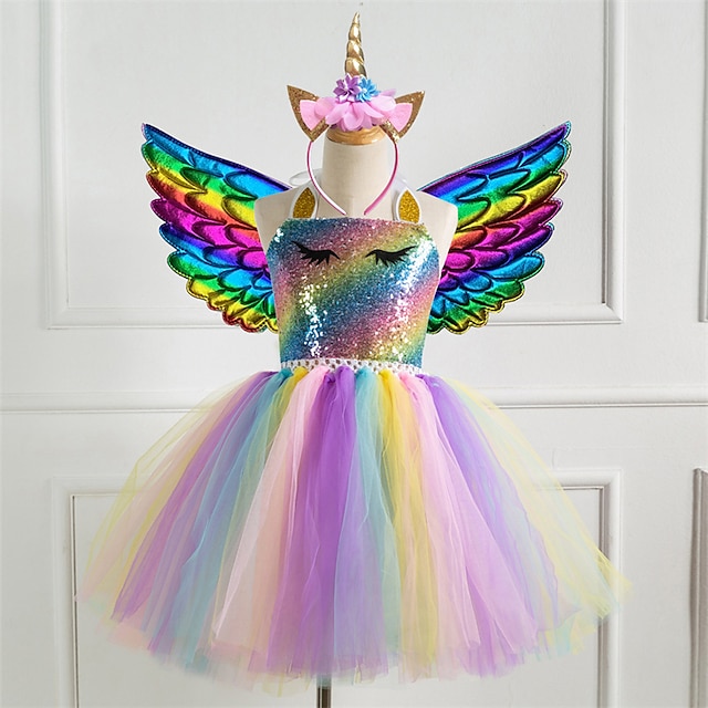  Halloween custome Kids Little Girls‘ Dress 2-8 Years 3pcs Unicorn Princess Rainbow Colorful Party Tutu Birthday Dresses With Wing and Headband Sequins Halter Purple Gold Silver Cute Dresses