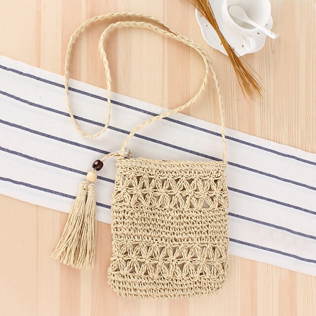 Women's Straw Bag Straw Daily Going out Tassel Zipper Solid Colored ...