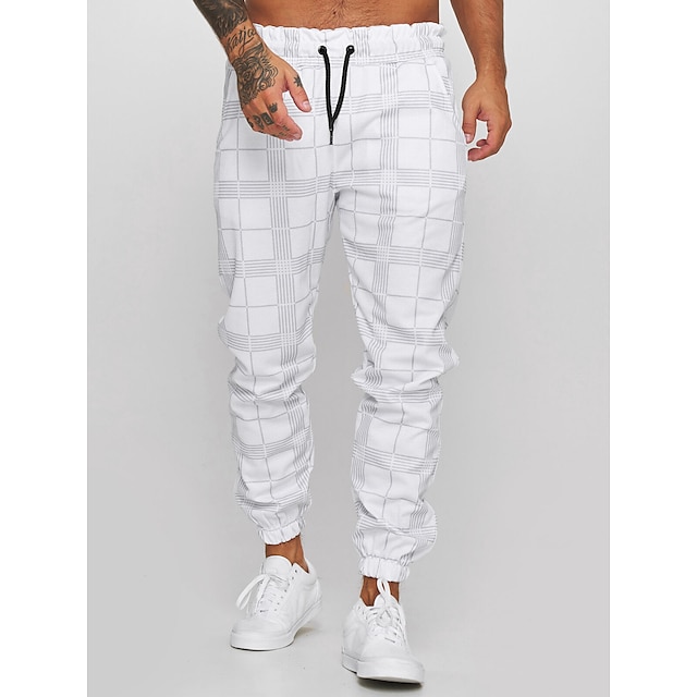 Men's Joggers Trousers Casual Pants Plaid Drawstring Trousers Elastic ...